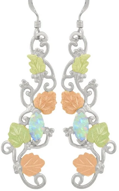 10k black hills gold on sterling silver Synthetic Opal dangle four leaf earrings