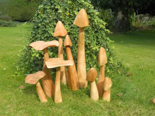 Wooden Mushroom Toadstool Carvings - Sets of 3 Lawn Mushrooms - Assorted Sizes