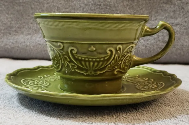 Vintage Canonsburg Regency Green Ironstone Pottery 2pc Cup And Saucer Set