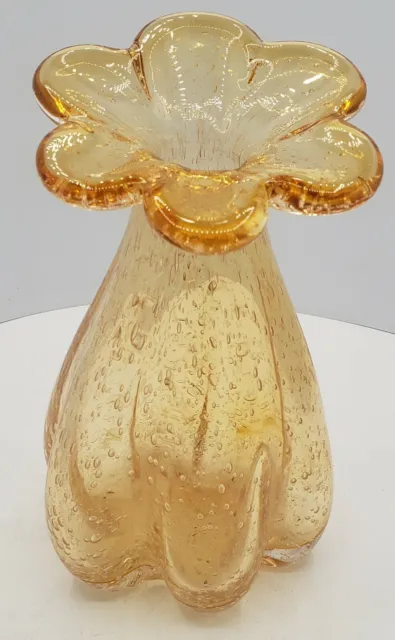 Free Form Thick Amber Blown Glass Art Flower Vase with Air Bubbles Vintage 8"