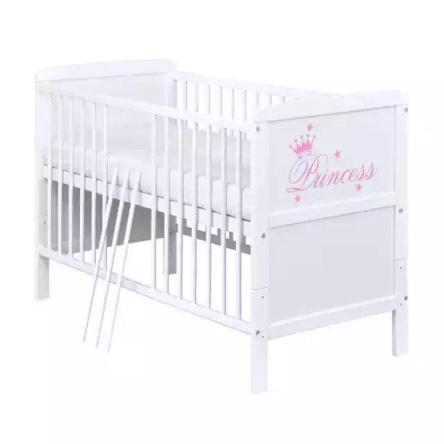 Babybett Kinderbett weiß mit Princess Motiv 140x70 Weiß umbaubar