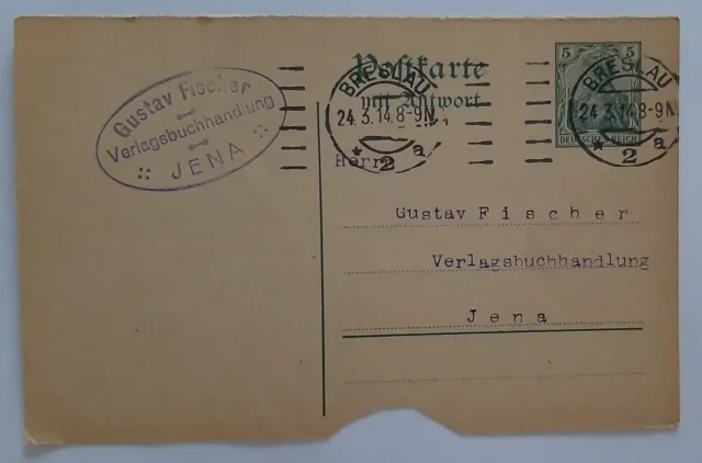DR Germania 5 Pf, Ganzsache Breslau 24.3.1914 Fischer Verlag Jena