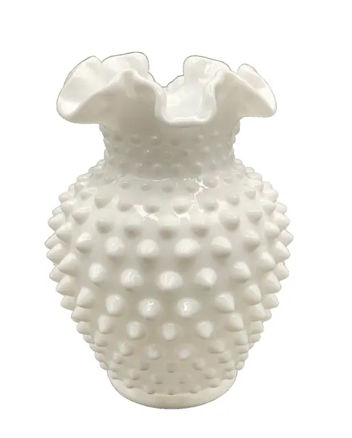 Vintage Fenton ? White Milk Glass Hobnail Crimped Ruffled Edge Vase - 5 1/2" H
