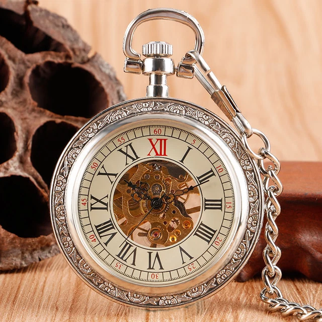 RETRO HAND WINDING Mechanical Women Pocket Watch Open Face Skeleton ...