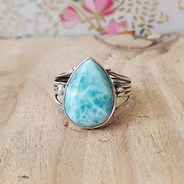 Natural Larimar Gemstone Ring 925 Silver Handmade Statement Ring All Size MK635