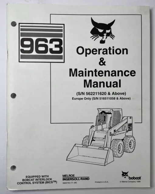 Bobcat 963 Skid-Steer Loader Operation & Maintenance Manual #6900792 Owners