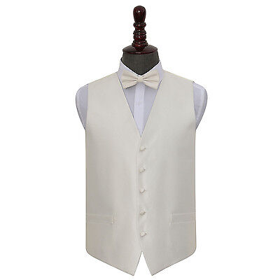 DQT Woven Plain Solid Check Ivory Mens Wedding Waistcoat & Bow Tie Set
