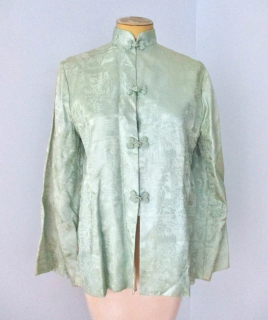Vtg  green Asian garden brocade silk? chinois jacket moa collar pockets Japan M