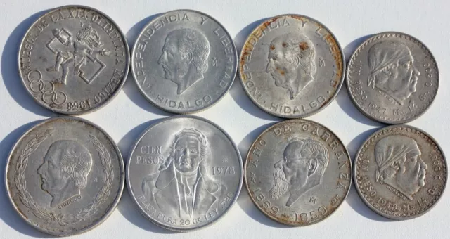 MEXIQUE - LOT DE 8 MONNAIES EN ARGENT PUR - 1, 5, 25, 100 PESOS - 160,4 g