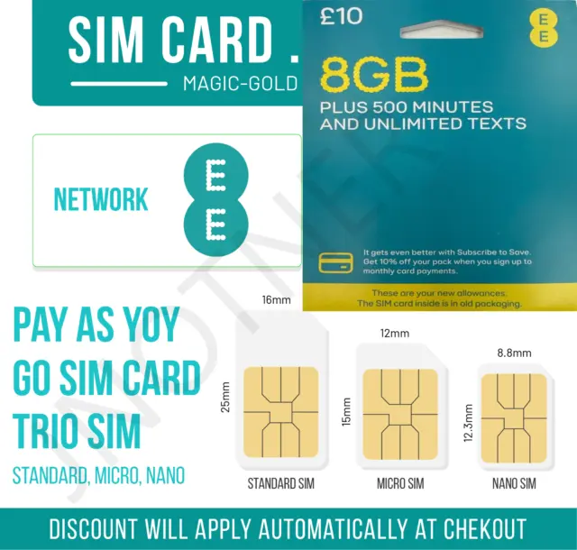EE Sim Card Pay As You Go £10 Pack 8 GB Data Unlimited SMS Mini Micro Nano