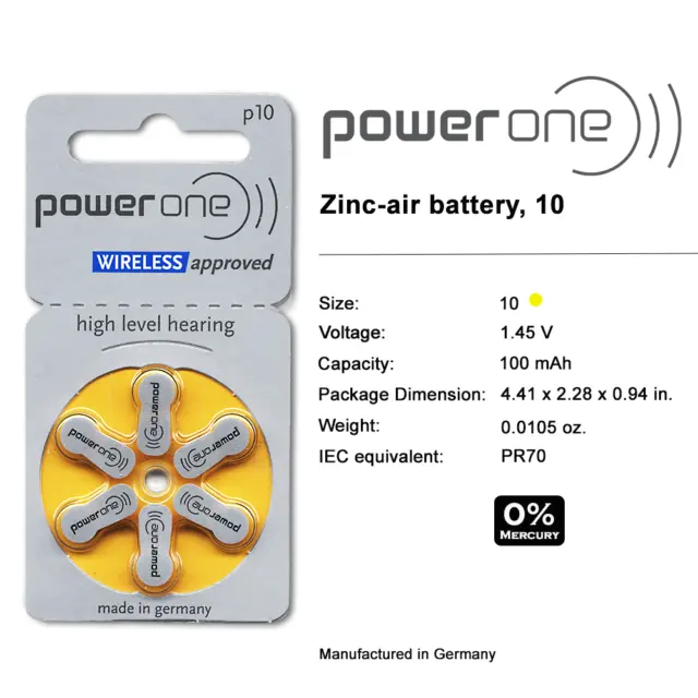 Batería de audífono de aire de zinc Power One talla 10 PR70 (60 baterías) 2