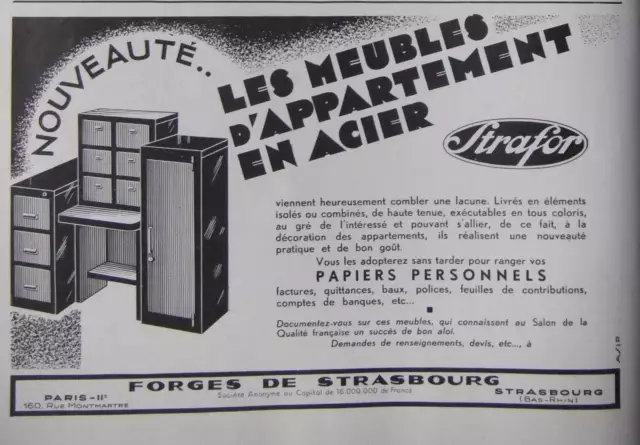 Publicité De Presse 1933 Strafor Les Meubles D'appartement Acier - Advertising