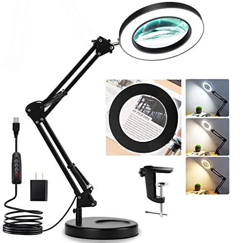 Magnifying Glass with Light and Stand, 5X Real Glass 2-in-1 Desk Lamp & Clamp...
