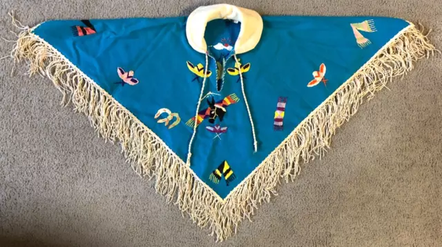 VTG Lopez Turquoise Hand Embroidered Wool Poncho Cloak - Made in Mexico