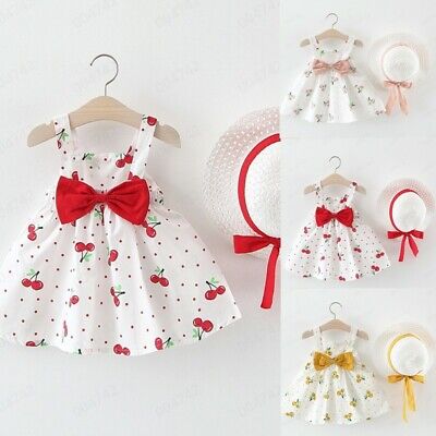 Toddler Baby Kids Girls Sleeveless Cherry Dot Princess Dresses Bow Hat Outfit