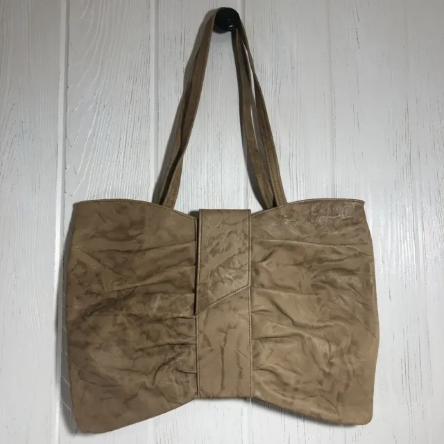 NWOT Vegan Leather Distressed Shoulder Bag Purse Bow Shaped Brown Tan