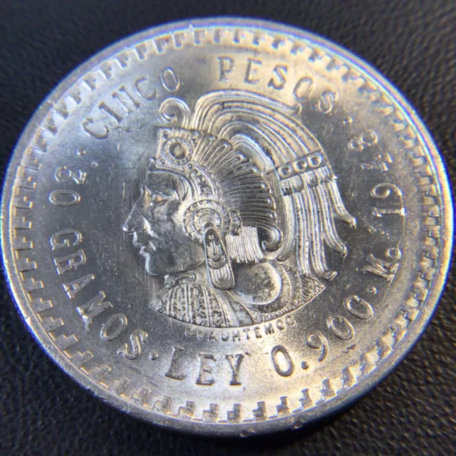 BU 1948 Mo Mexico 5 Pesos Silver Cuauhtemoc 30 Gramos Ley .900 Cinco Pesos