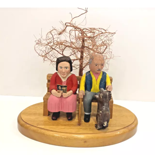 Folk Art Hand-Carved Hand-Painted Wooden Couple On Bench Dog Copper Tree