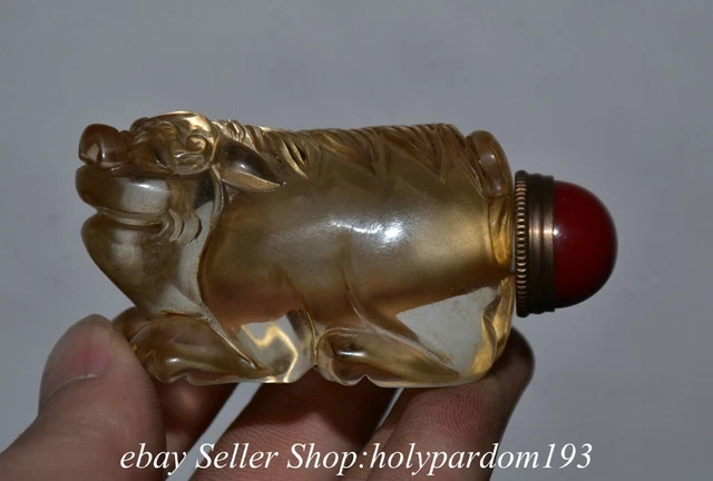 2.4" Old Chinese Natural Crystal Carved Foo Fu Lion Snuff bottle Snuff box