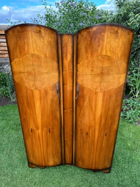 Antique Art Deco 1930s Burr Walnut Veneer Double Wardrobe