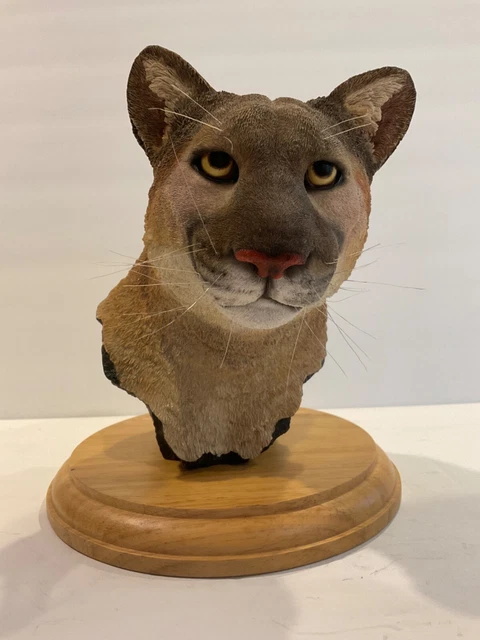 Large Simpkins Cougar Resin Statue With Real Whiskers, on wood base