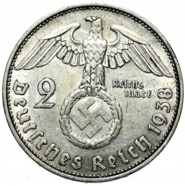 1937-1939 2-Mark Coins Silver German Empire, obverse: Pres Hindenburg circulated