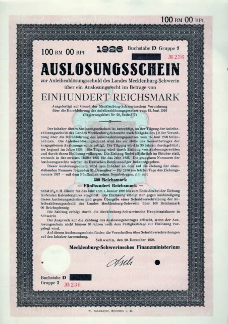 Anleiheablösungsschuld/Auslosungsschein Land Mecklenburg-Schwerin, 1926 (100 RM) 2