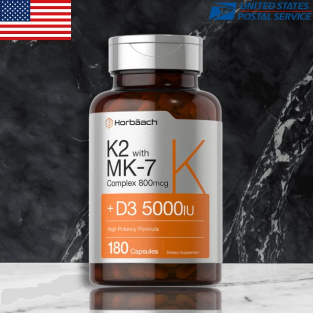 VITAMIN K2 MK7 with D3 Supplement 180 Capsules D3 5000 IU by