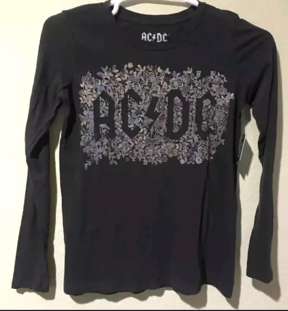 Lucky Brand ACDC Floral Metallic Graphic T-Shirt L/S Distressed Black Size M/M