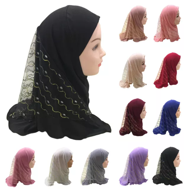 One Piece Amira Muslim Kids Girls Scarf Hijab Mesh Islamic Headwear Shawls 2-6Y