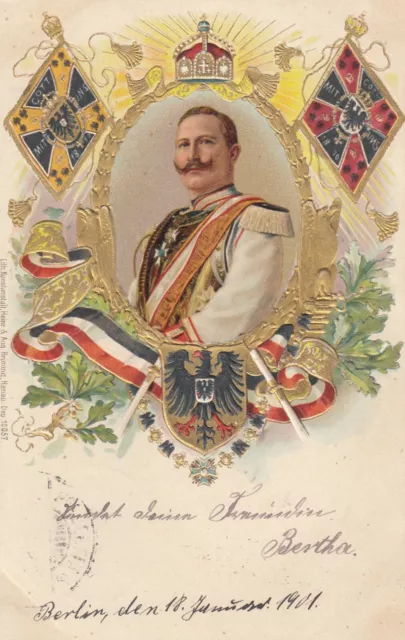 AK Monarchie Kaiser Wilhelm, Prägelitho 1901 gelaufen Marke abgelöst