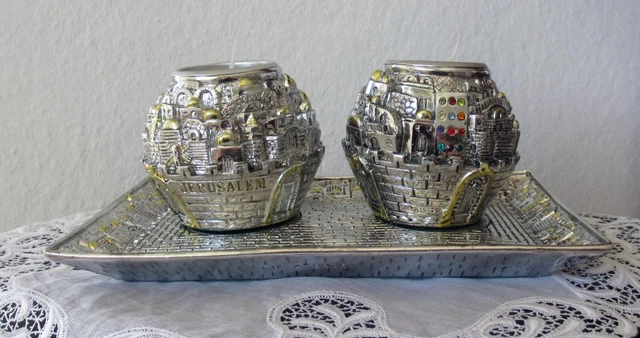 SILBERNES TABLETT - 2 KERZENHALTER - "R.A" - JERUSALEM - 925er