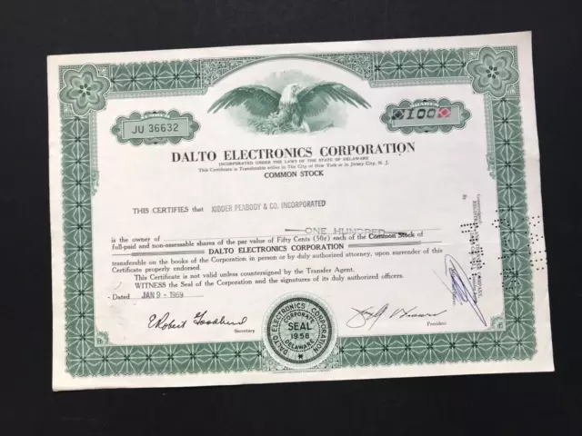 1969 Dalto Electronics  Corporation Share Certificate  / 100 Shares