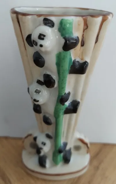 Vintage Ceramic Climbing Panda Bamboo Flower Vase 5" tall x 2 1/2" wide Japan