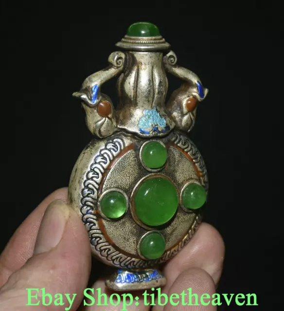 3.2" Old China Miao Silver inlay Green Jade Cloisonne Elephant Ear Snuff Bottle 2