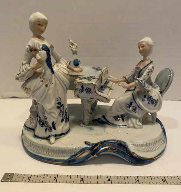 Vintage Victorian Style Porcelain Figurine Woman Playing Piano White/Blue/Gold