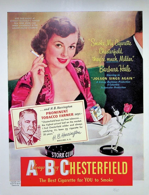 did barbara hale smoke cigarettes 1950 CHESTERFIELD CIGARETTES - BARBARA HALE - Smoke My Cigarette - VINTAGE  AD $11.89