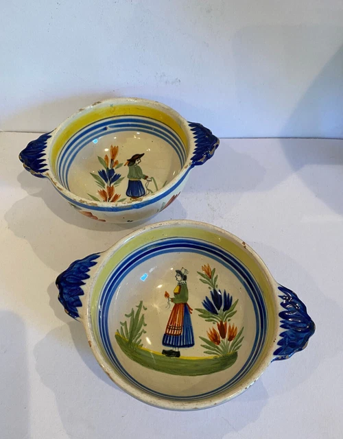 Vintage Hand Painted Henriot Quimper Faience Pottery Lug Cereal/Soup Bowl - 2