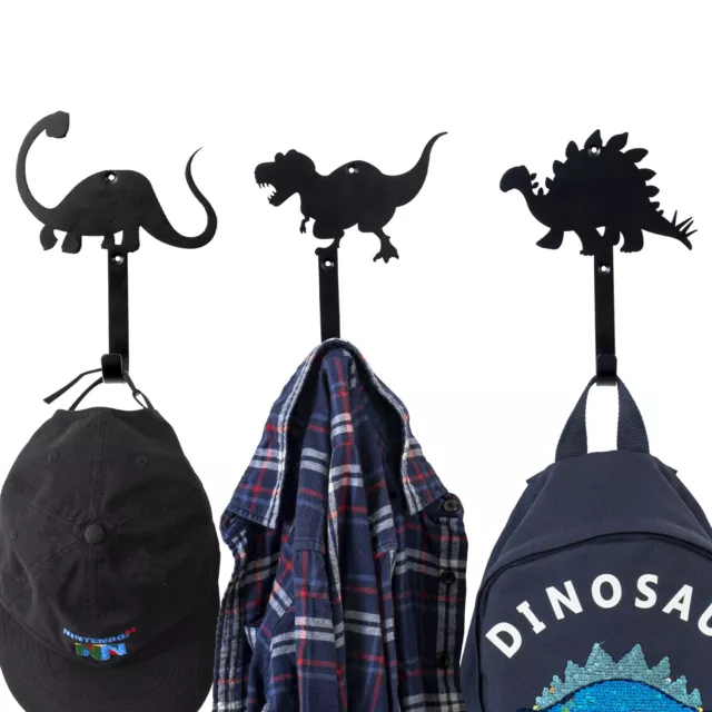 Wall Mounted Black Metal Coat Hooks with Cartoon Dinosaur Shape, 3 Piece Set