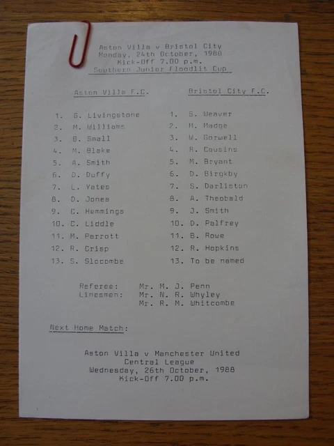 Programme Match Aston Villa Youth Vs Bristol City Youth 24/10/1988