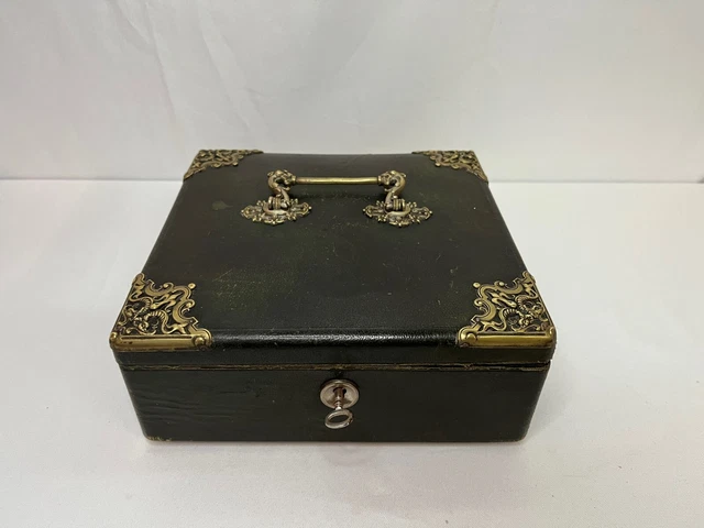 Ancien coffret à courrier cuir et laiton Napoléon III fin XIXème