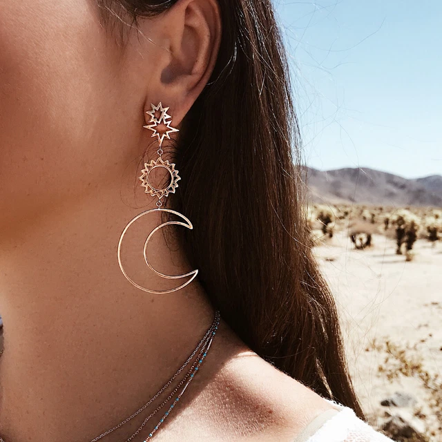 Vintage Star Sun Moon Hollow Earrings Metal Alloy Geometric Dropship