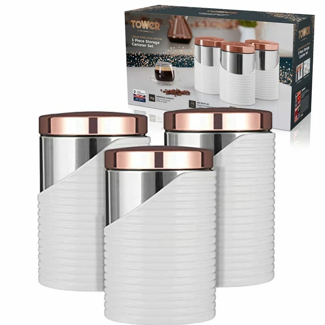 COFFEE SUGAR TEA Canisters Pots Tower Set Of 3 Kitchen In White & Rose Gold EUR 50,56 PicClick FR