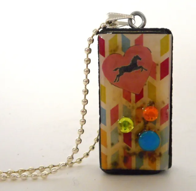 Colorful Horse Collage Domino Necklace Pendant Reclaimed Mixed Media Art Heart