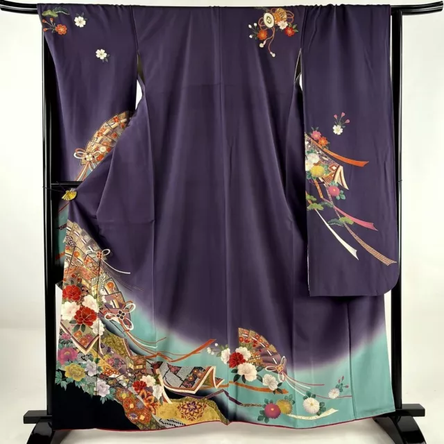 Japanese kimono SILK"FURISODE" long sleeves,Gld leaf,Coach,Purple,L5'4"..3581 2