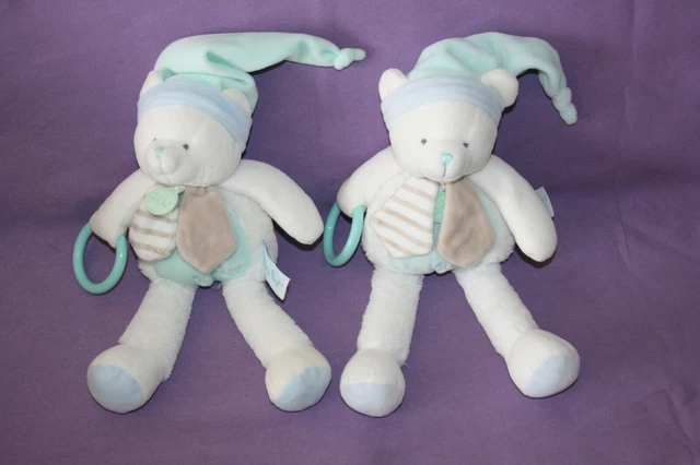 Babynat Baby Nat 2 Doudou Ours Layette Blanc Bleu Beige Grelot Anneau Pouet Kom9
