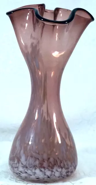 Pilgrim Hand Blown Spatter Art Glass Purple and White Ruffled Vase