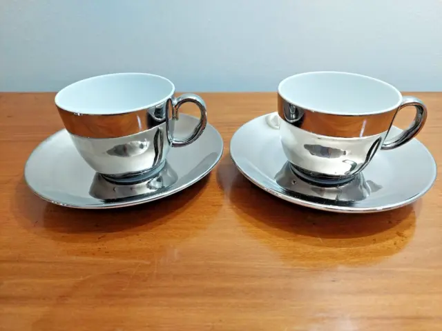 Pair of Royal Worcester Porcelain Silver Lustre Coffee Cups & Saucers