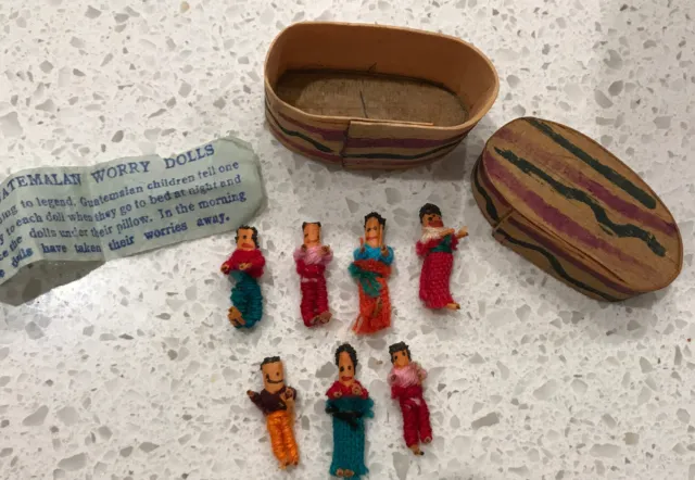 Tiny Guatemalan Worry Doll Set in Hand Painted Box 7 Souvenir Dolls