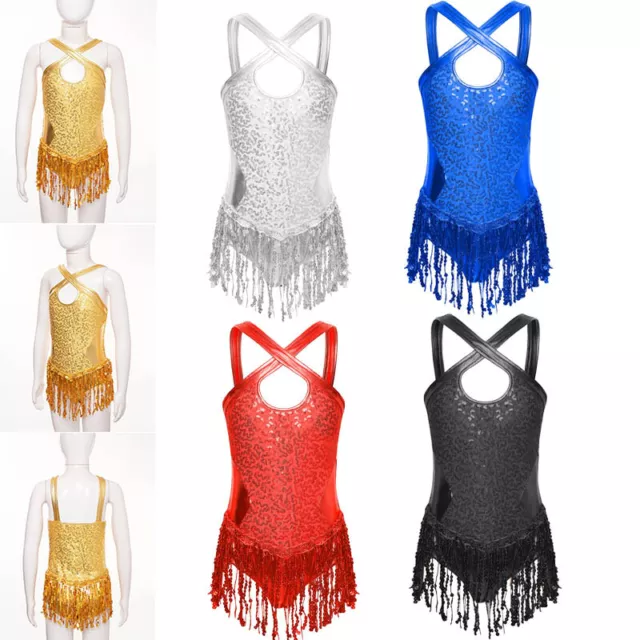 Kids Girls Bodysuit Sleeveless Leotard Fringed Jumpsuit Latin Costume Dance